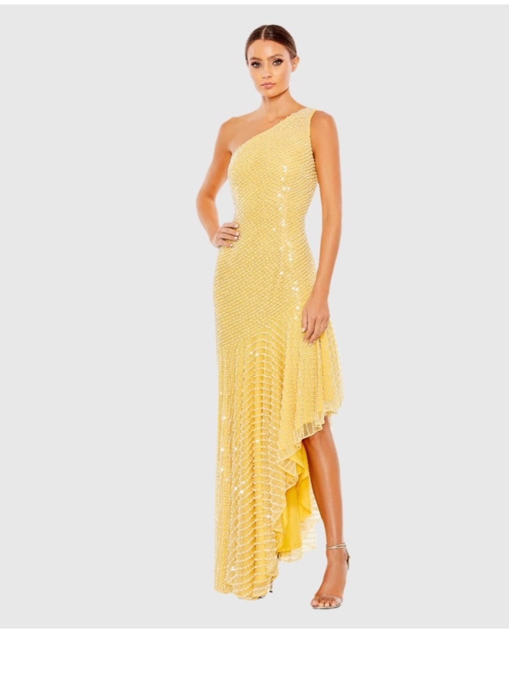 Mac Duggal Yellow One-Shoulder Asymmetric pearl Sequin Dress 93741